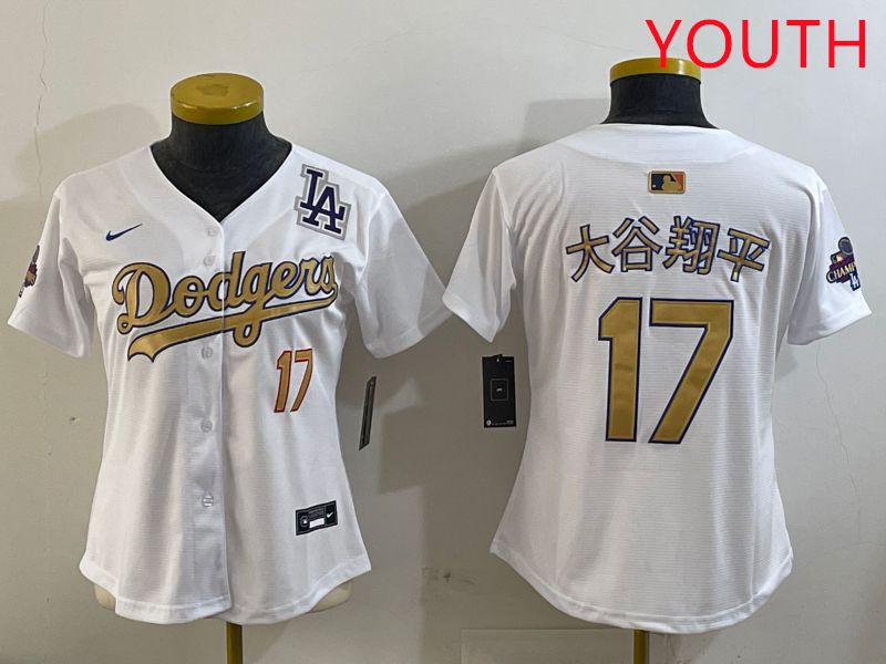 Youth Los Angeles Dodgers #17 Ohtani White Champion gold character 2025 Nike MLB Jersey style 10->youth mlb jersey->Youth Jersey